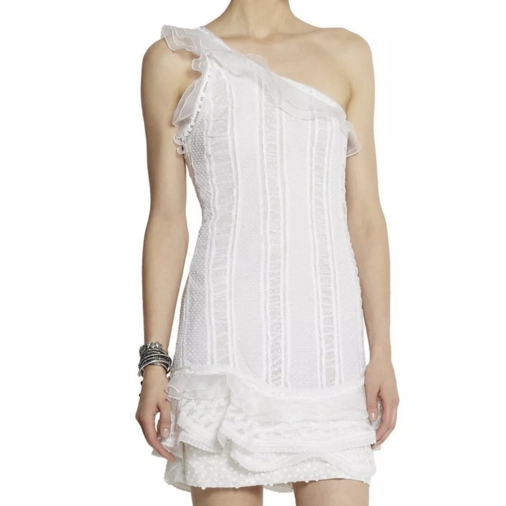 Isabel Marant Ivory One Shoulder Lace Silk Sequin Beaded Mini Dress Size 40 US 8